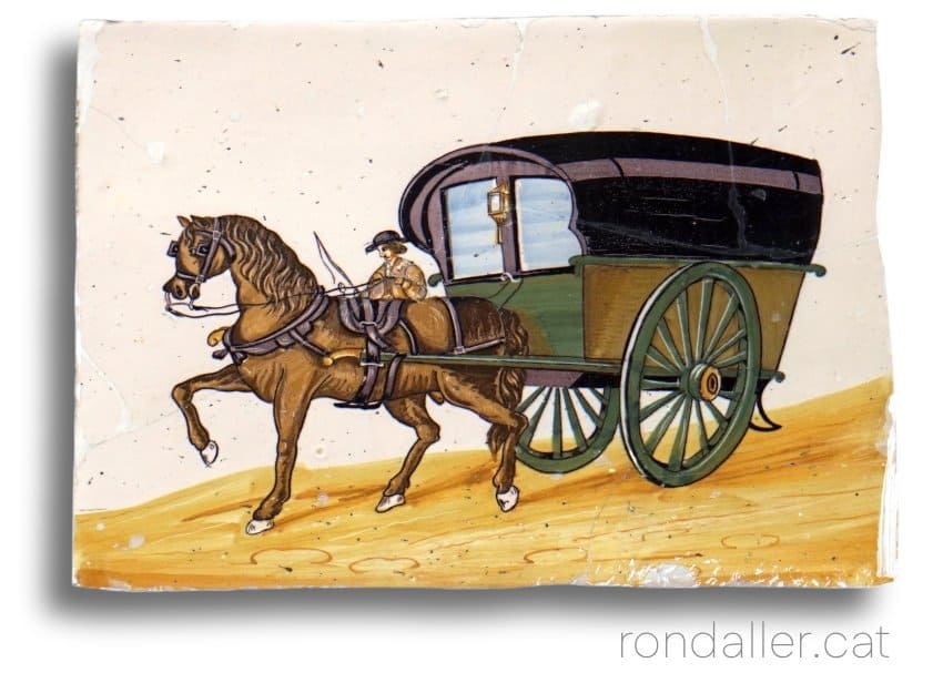 Rajola valenciana del segle XIX amb la imatge d'una tartana.