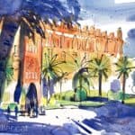 Aquarel·la amb una vista exterior de l'edifici fet per Gaudí.
