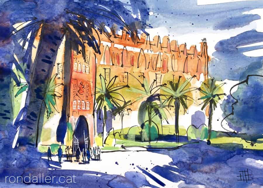 Aquarel·la amb una vista exterior de l'edifici fet per Gaudí.