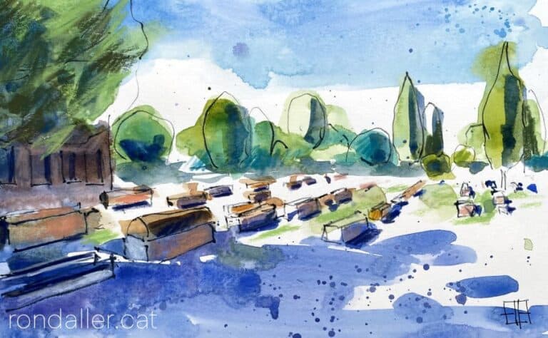 Aquarel·la amb una vista del recinte on es mostren els sarcòfags.