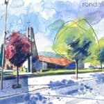 Aquarel·la amb una vista exterior del temple edificat el 1969.