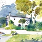 Aquarel·la amb una vista de la masia de Can Pau Brut, també coneguda com a Mas Ballot de la Pujada.