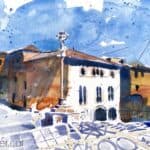 Aquarel·la amb una vista del barri antic de Montblanc.