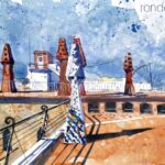 Aquarel·la amb una vista del terrat amb les xemeneis projectades per Gaudí.