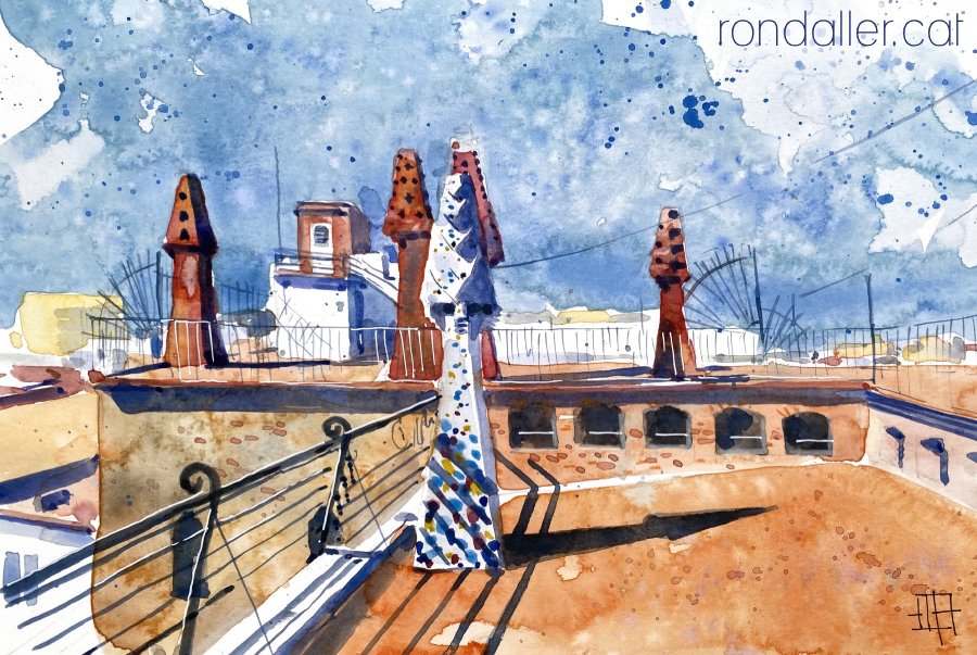 Aquarel·la amb una vista del terrat amb les xemeneis projectades per Gaudí.