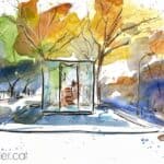 Aquarel·la amb una vista del passeig de Picasso amb l'obra de Tàpies.