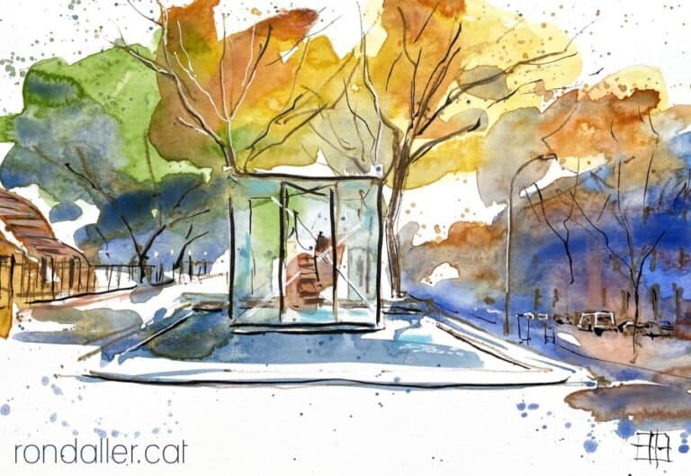 Aquarel·la amb una vista del passeig de Picasso amb l'obra de Tàpies.