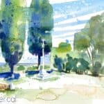 Aquarel·la amb una vista de la creu de terme de Santa Anna de Montornès.