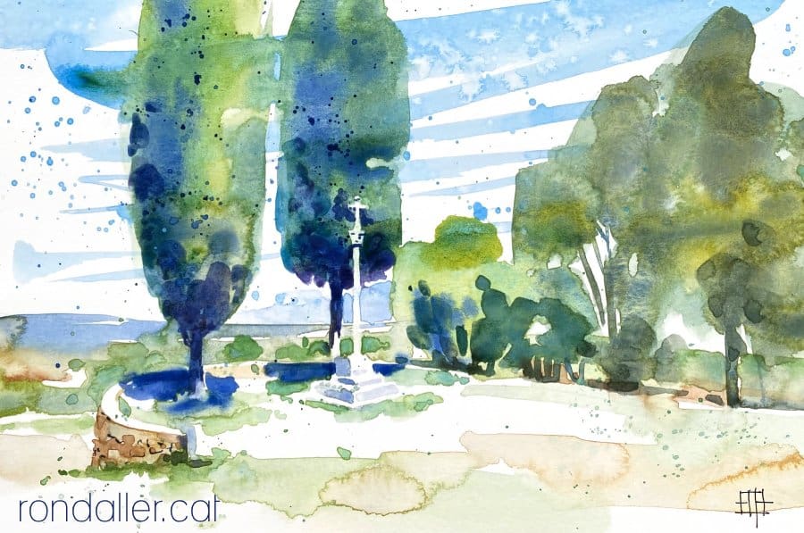 Aquarel·la amb una vista de la creu de terme de Santa Anna de Montornès.