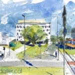 Aquarel·la amb una vista dels blocs del barri de Praga.