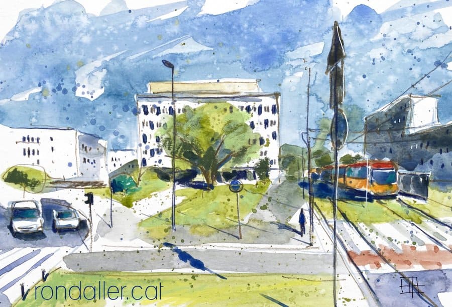 Aquarel·la amb una vista dels blocs del barri de Praga.