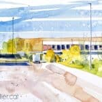 Aquarel·la amb una vista de l'àrea de servei de Lleida.