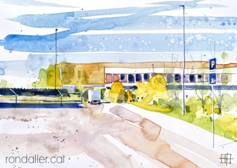 Aquarel·la amb una vista de l'àrea de servei de Lleida.