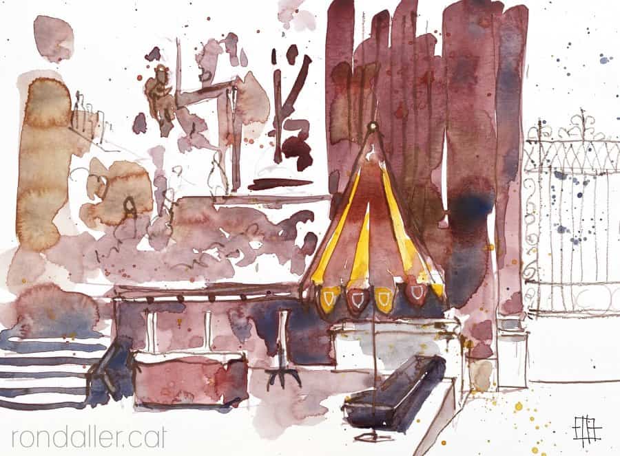 Aquarel·la amb una vista de l'interior de la catedral de Vic.