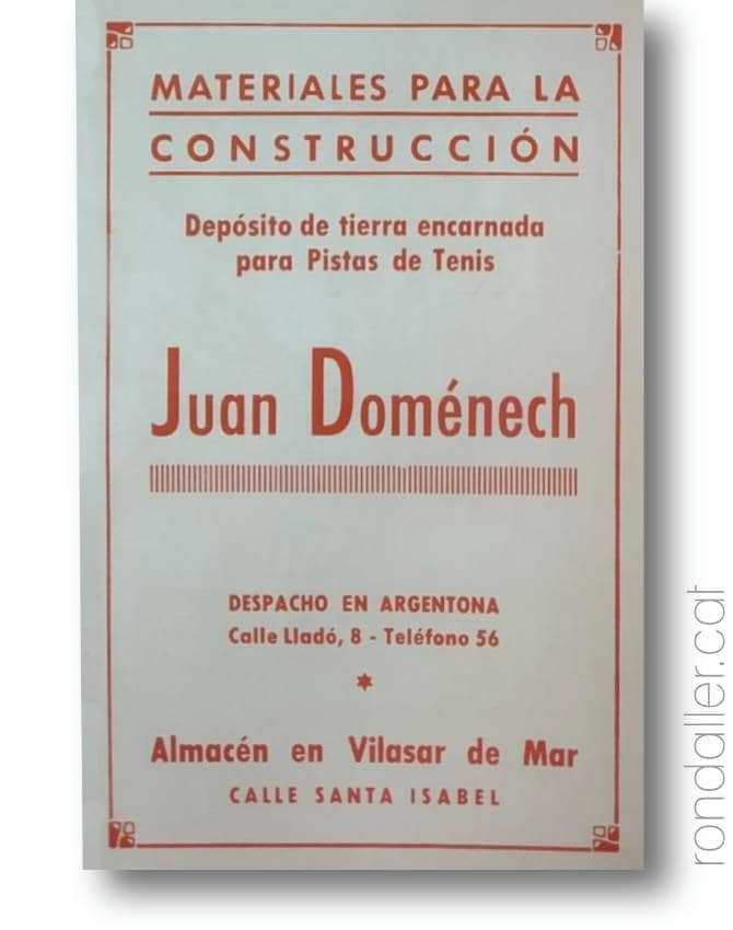 Anunci amb les adreces comercials de les botigues que tenia Joan Domènech a Argentona i Vilassar de Mar.