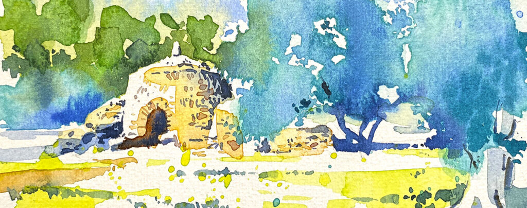 Aquarel·la d'una cabana de pedra seca a l'Alt Camp.