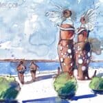 Aquarel·la amb una vista de l'escultura "En el Pla de les Serenes" de Cambrils.
