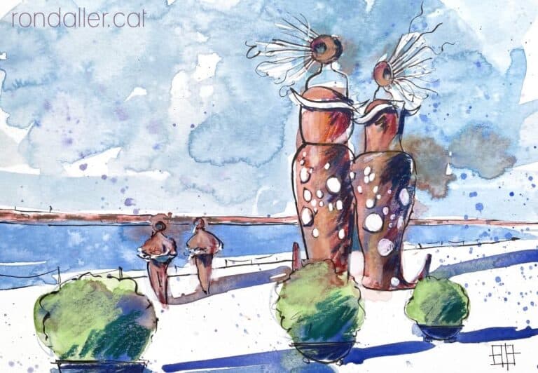 Aquarel·la amb una vista de l'escultura "En el Pla de les Serenes" de Cambrils.
