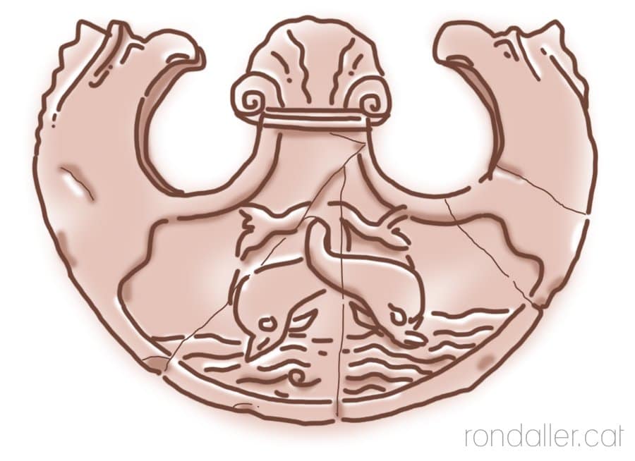 Croquis de l'oscillum del Museu de Badalona, amb la representació de dos dofins.