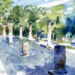 Aquarel·la amb una vista de les ruïnes del jardí arqueològic.