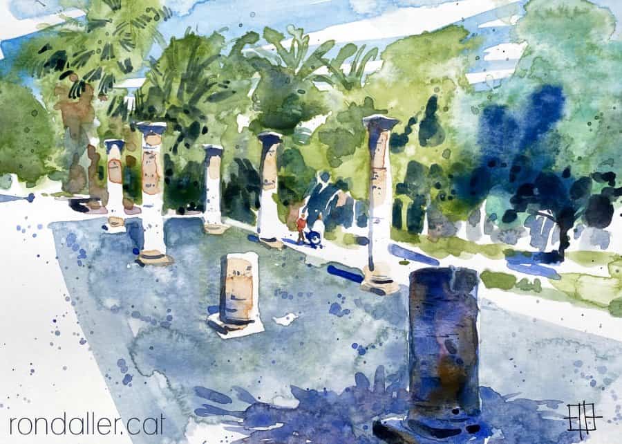 Aquarel·la amb una vista de les ruïnes del jardí arqueològic.