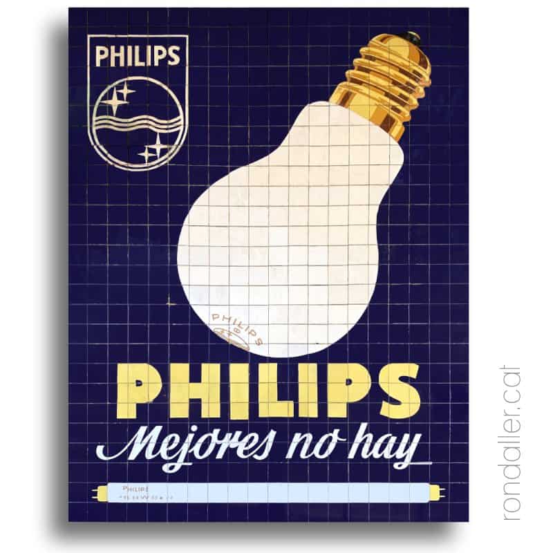 Mosaic de rajoles amb la imatge d'un antic anunci de bombetes Philips.