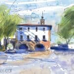 Aquarel·la amb una vista de l'edifici de l'església al costat de la carretera.