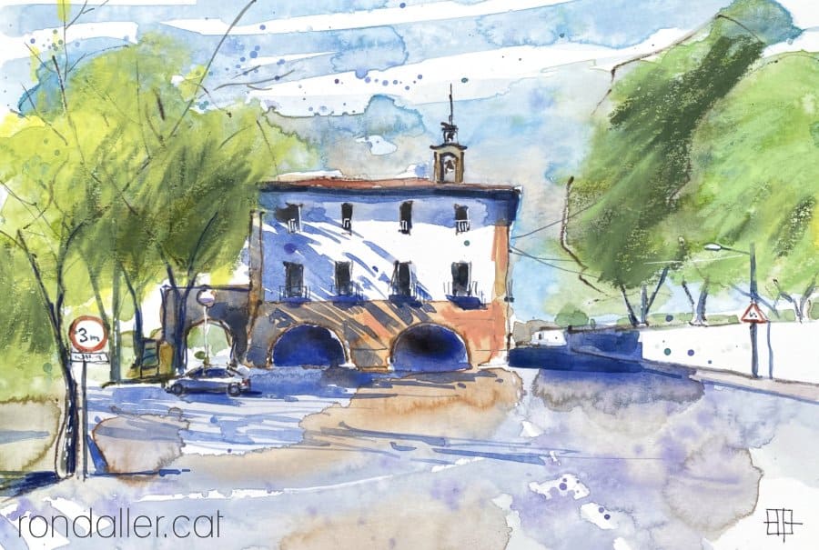Aquarel·la amb una vista de l'edifici de l'església al costat de la carretera.