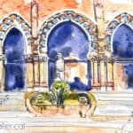 Aquarel·la amb una vista de l'entrada principal del recinte hospitalari.
