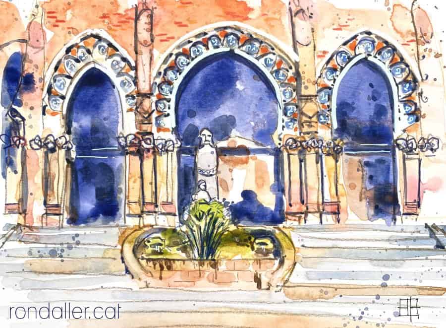 Aquarel·la amb una vista de l'entrada principal del recinte hospitalari.
