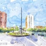Aquarel·la amb una vista de la plaça de la República de Barcelona.