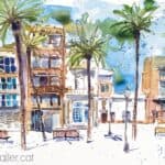 Aquarel·la amb una vista del passeig de la Rambla de Badalona.