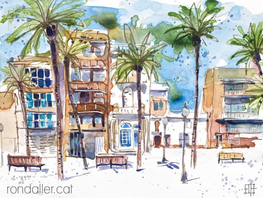 Aquarel·la amb una vista del passeig de la Rambla de Badalona.