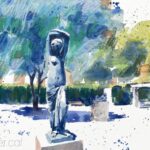 Aquarel·la amb una vista dels jardins de la biblioteca Clarà de Barcelona.