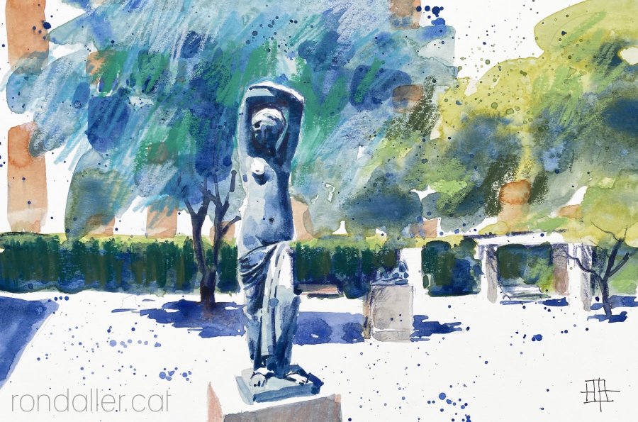 Aquarel·la amb una vista dels jardins de la biblioteca Clarà de Barcelona.