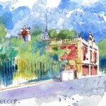 Aquarel·la amb una vista de la torre modernista de Can Llopis.