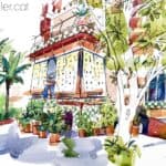 Aquarel·la amb una vista del jardí i de les gelosies fetes per Antoni Gaudí.