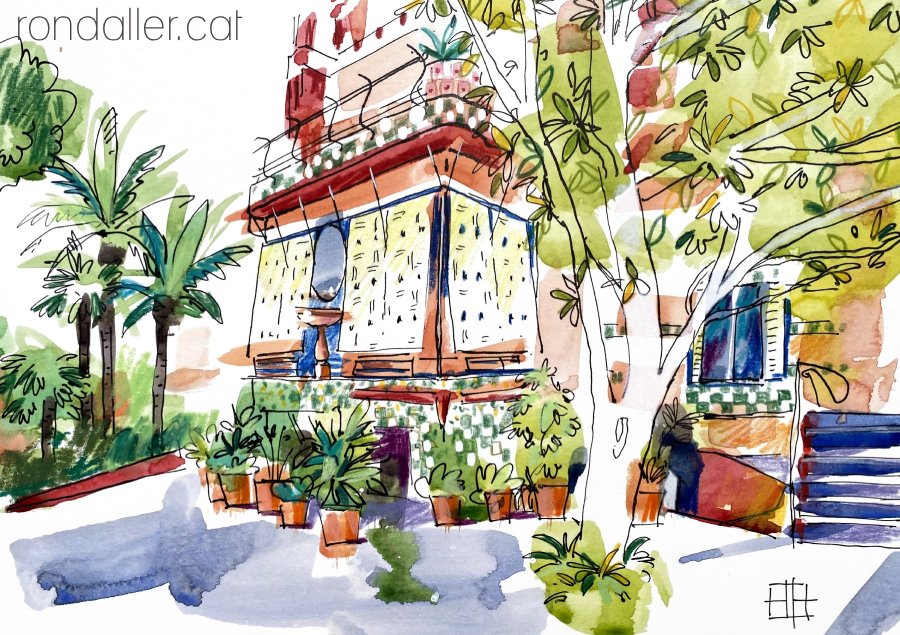 Aquarel·la amb una vista del jardí i de les gelosies fetes per Antoni Gaudí.
