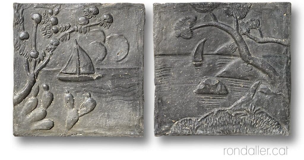 Motius ceràmics noucentistes amb paisatges marins, pins i atzavares.