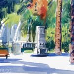 Aquarel·la amb una vista dels jardins de la plaça de Tetuan de Barcelona.