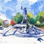 Aquarel·la amb una vista de l'escultura dedicada a Ildefons Cerdà.