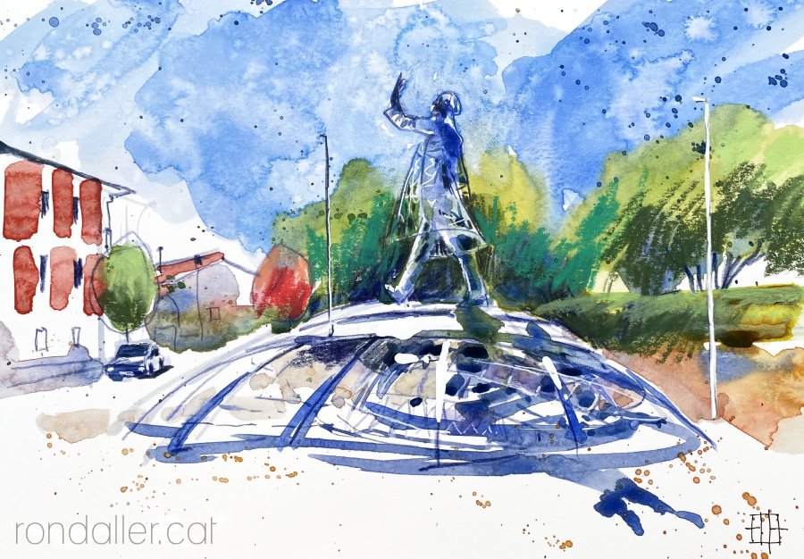 Aquarel·la amb una vista de l'escultura dedicada a Ildefons Cerdà.