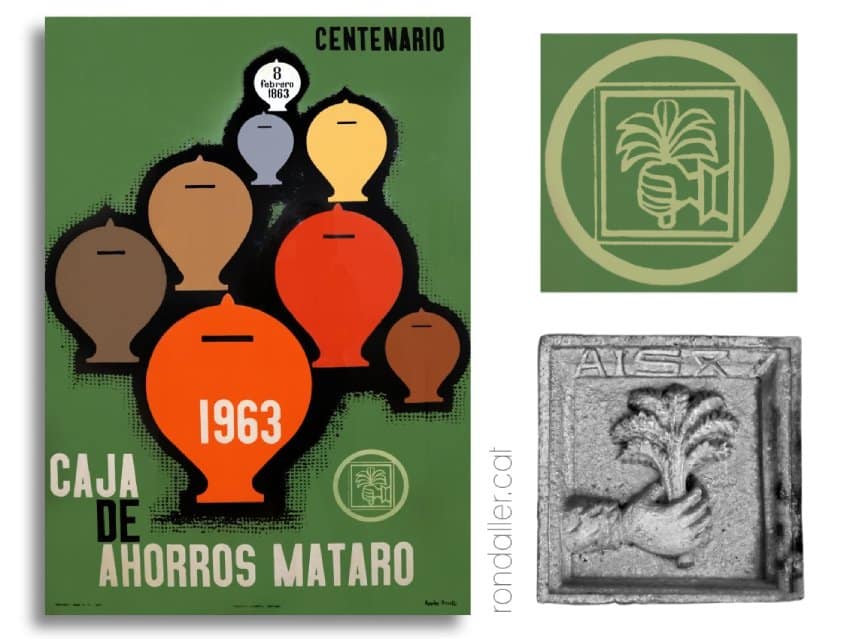 Publicitat del 1963 pel centenari de les Caixes d'estalvis de Mataró i detall de l'escut.