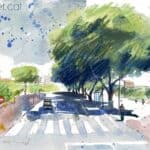 Aquarel·la amb una vista del passeig del Mar.