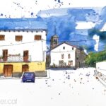Aquarel·la amb una vista de la plaça de Cal Ferrer de Sant Vicenç de Torelló.