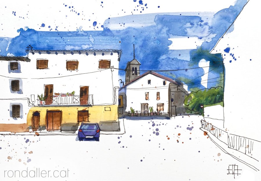 Aquarel·la amb una vista de la plaça de Cal Ferrer de Sant Vicenç de Torelló.