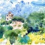 Aquarel·la amb una panoràmica de l'entorn que envolta l'edifici inacabat.