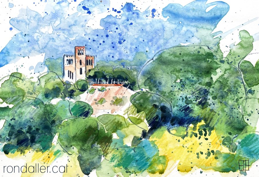 Aquarel·la amb una panoràmica de l'entorn que envolta l'edifici inacabat.