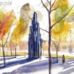 Aquarel·la amb una vista del monument a les víctimes de l'Hipercor.