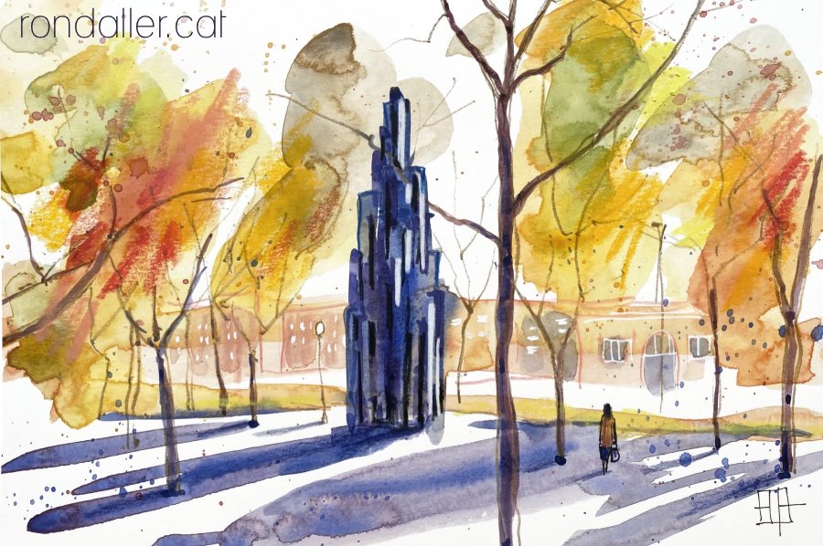 Aquarel·la amb una vista del monument a les víctimes de l'Hipercor.